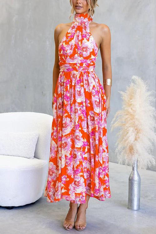 Halter Backless Waisted Floral Print Swing Maxi Dress