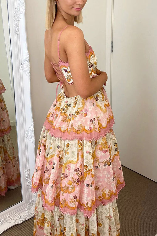 Karleedress Spaghetti Strap Back Lace-up Ruffle Layered Floral Print Maxi Dress