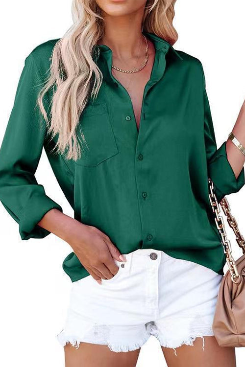 Karleedress Solid Long Sleeves Button Up Satin Shirt