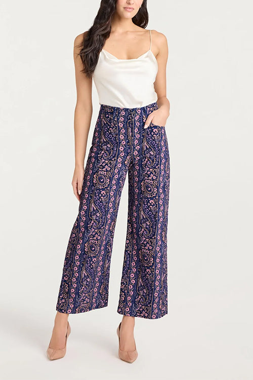 High Waist Paisley Print Pocketed Wide Leg Pants