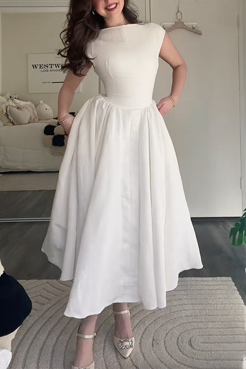 Karleedress Cap Sleeves Open Back Waisted Swing Midi Dress