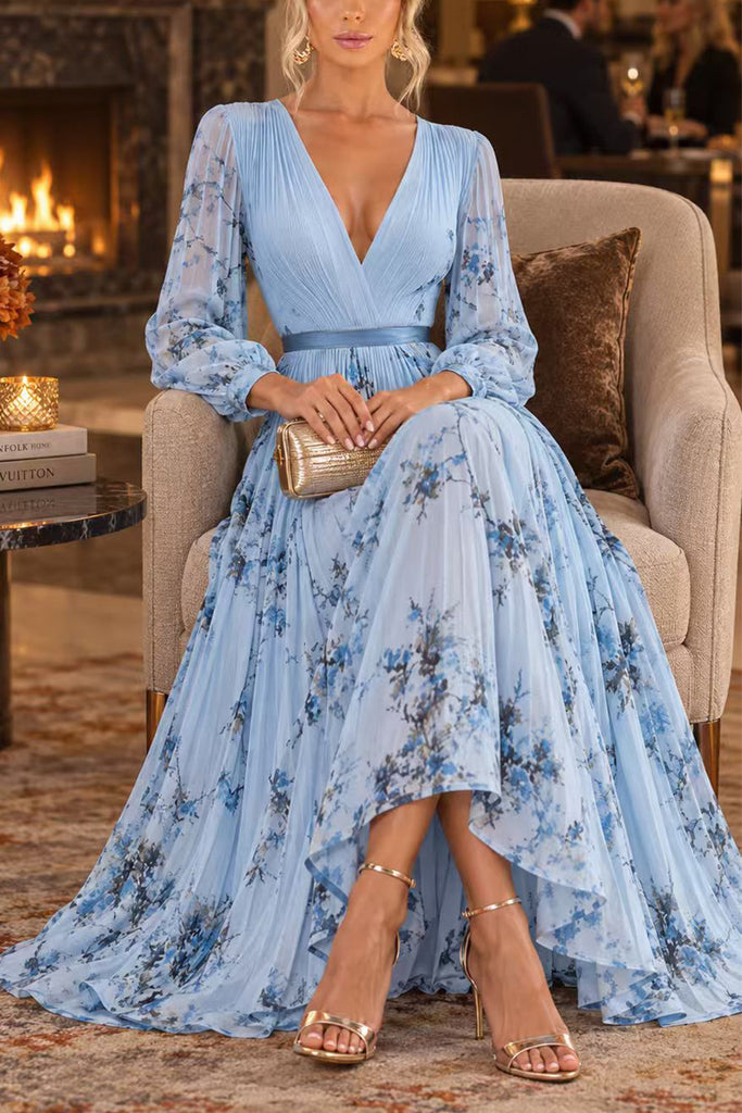 Karleedress V Neck Lantern Long Sleeves Floral Print Pleated Maxi Dress (A)