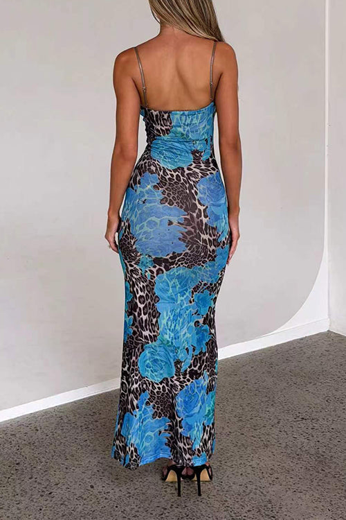 Karleedress V Neck Color Block Leopard Print Maxi Cami Dress