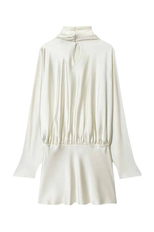 Karleedress High Neck Long Sleeves Satin Mini Dress with Scarf