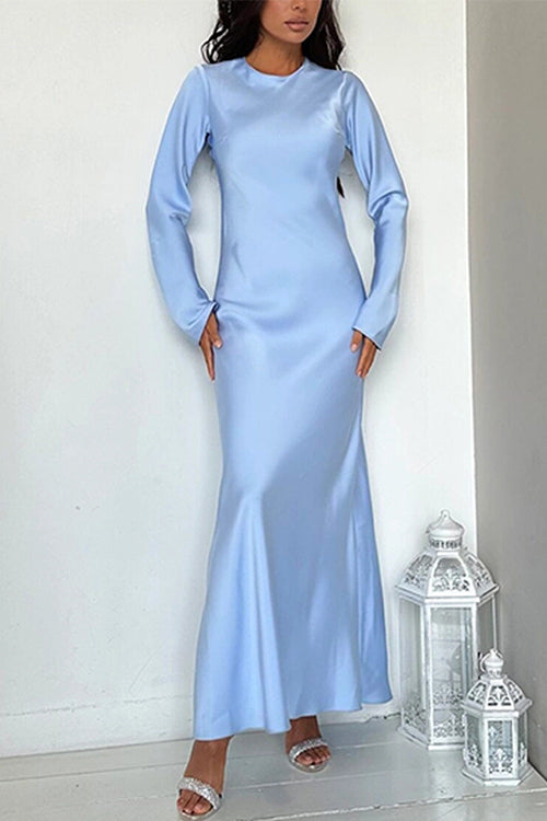 Karleedress Round Neck Long Sleeves Satin Maxi Party Dress