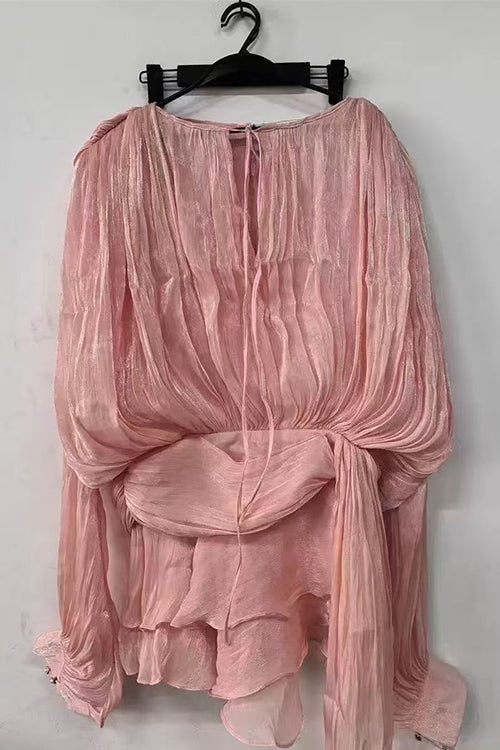Karleedress Lantern Long Sleeves Draped Ruffle Layered Mini Dress with Shorts