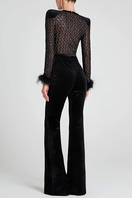 Karleedress Feather Cuffs Bell Bottom Velvet Splice Jumpsuit