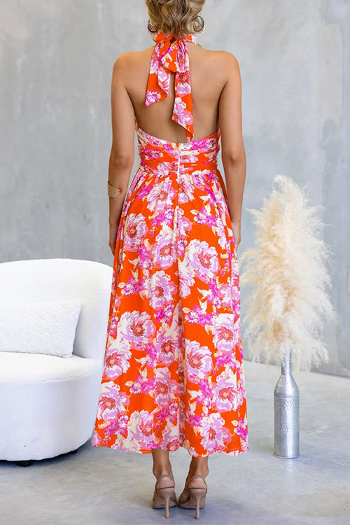 Halter Backless Waisted Floral Print Swing Maxi Dress