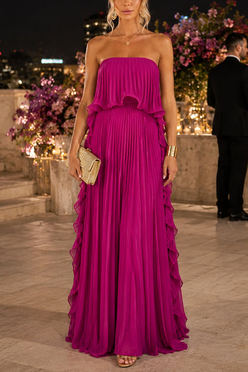 Karleedress Strapless Tube Ruffle Pleated Swing Maxi Dress