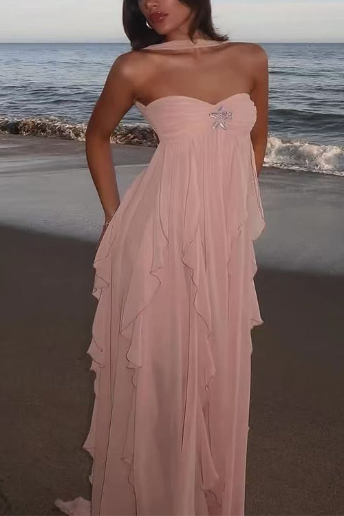 Karleedress Sleeveless Open Back Ruffle Trim Slit Maxi Dress