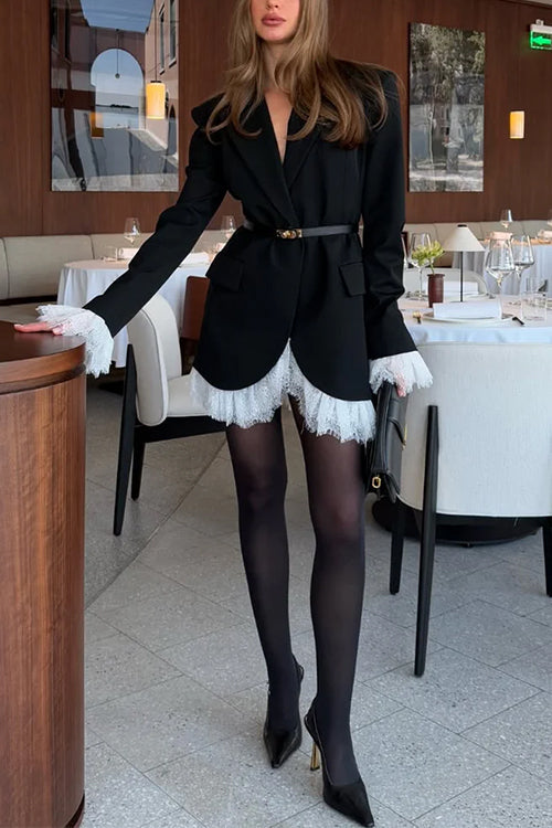 Karleedress Notch Lapel V Neck Single Breasted Lace Trim Blazer