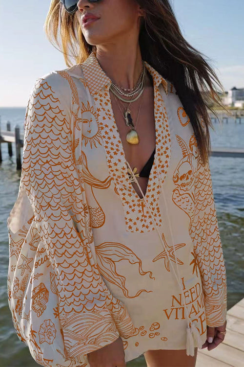 Karleedress Collared V Neck Shirt and Side Slit Shorts Vitamin Sea Print Set