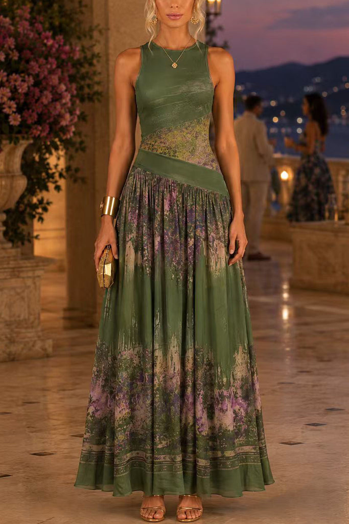 Karleedress Crewneck Sleeveless Printed Flowy Maxi Dress