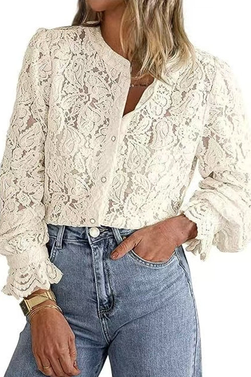 Karleedress Ruffle Long Sleeves Button Up Lace Shirt