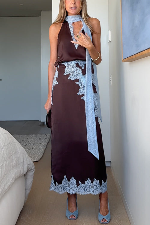 High Rise Lace Trim Satin Maxi Skirt