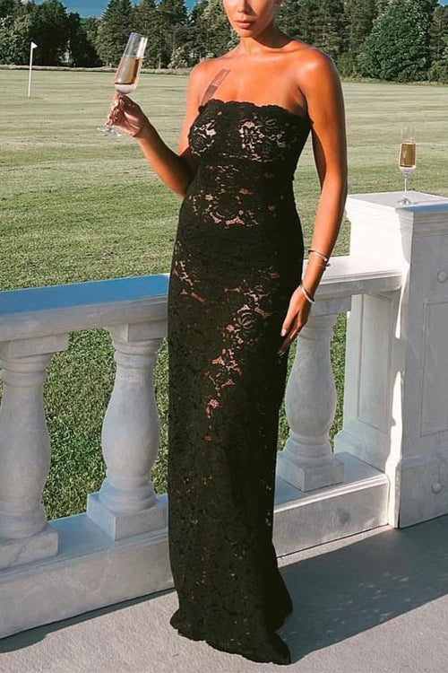Karleedress Strapless Lace Hollow Out Bodycon Maxi Dress