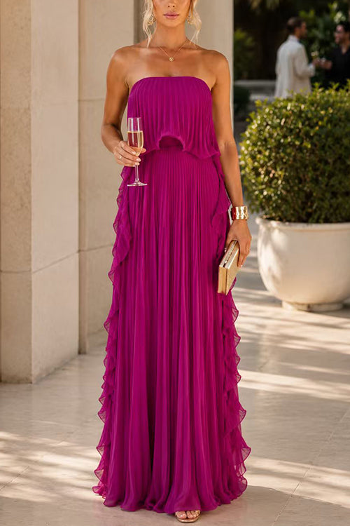 Karleedress Strapless Tube Ruffle Pleated Swing Maxi Dress