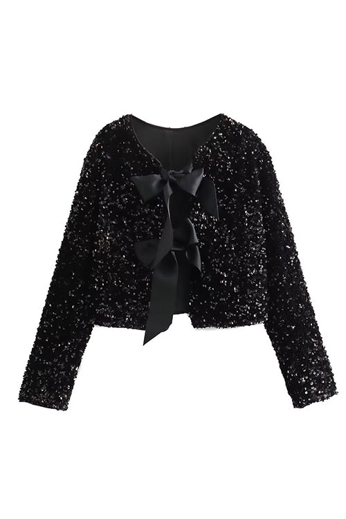 Karleedress Long Sleeves Bow Detail Shiny Sequin Top