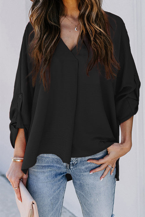 Karleedress V Neck Roll Up Long Sleeves Blouse Shirt