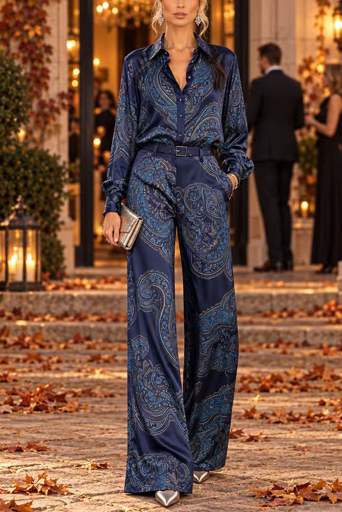 Karleedress Lapel Long Sleeves Shirt High Rise Pocketed Straight Leg Pants Paisley Print Set (B)