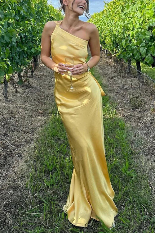 Karleedress One Shoulder Open Back Tie Knot Satin Maxi Dress