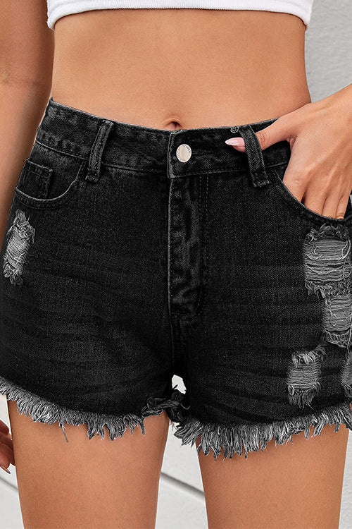 Karleedress Mid Rise Raw Hem Ripped Denim Shorts