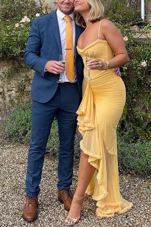 Karleedress Spaghetti Strap Mesh Splice Draped Ruffle Maxi Dress