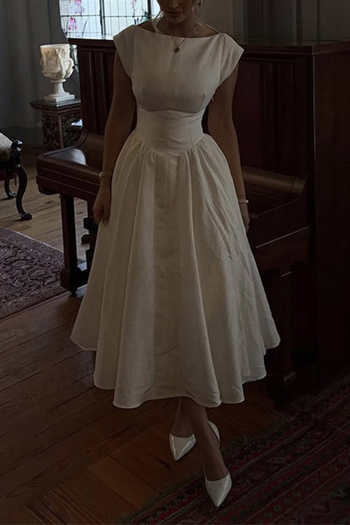 Karleedress Cap Sleeves Open Back Waisted Swing Midi Dress