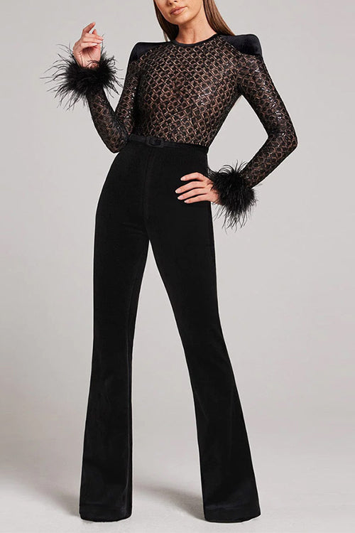 Karleedress Feather Cuffs Bell Bottom Velvet Splice Jumpsuit