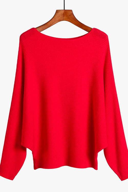 Karleedress Boat Neck Batwing Sleeves Ribbed Knit Sweater