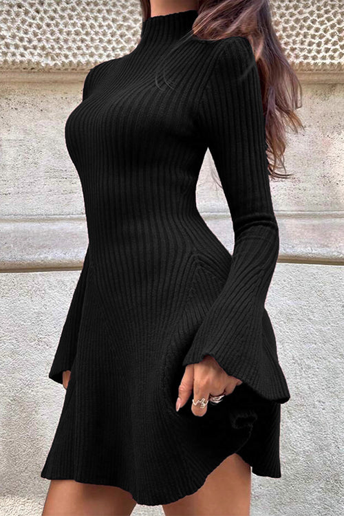 Karleedress High Neck Long Sleeves Ribbed Knit Mini Sweater Dress