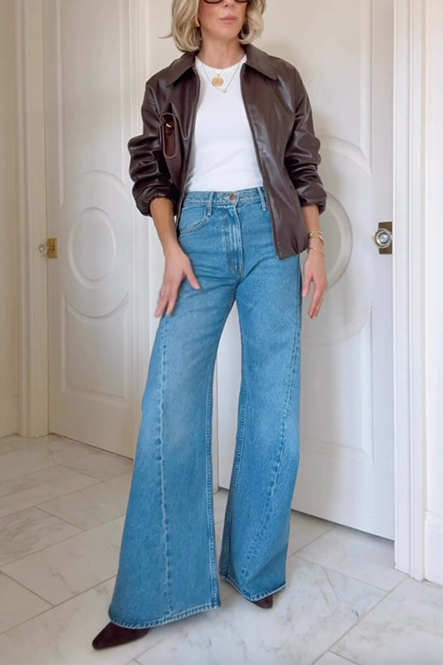 Karleedress Lapel Zip Up Faux Leather Bomber Jacket