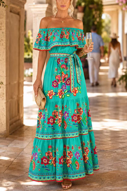 Karleedress Off Shoulder Bow Waist Floral Print Ruffle Tiered Maxi Dress