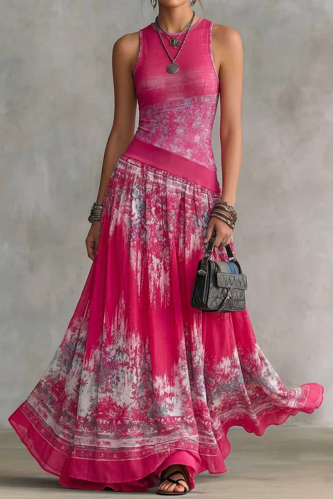 Karleedress Crewneck Sleeveless Printed Flowy Maxi Dress