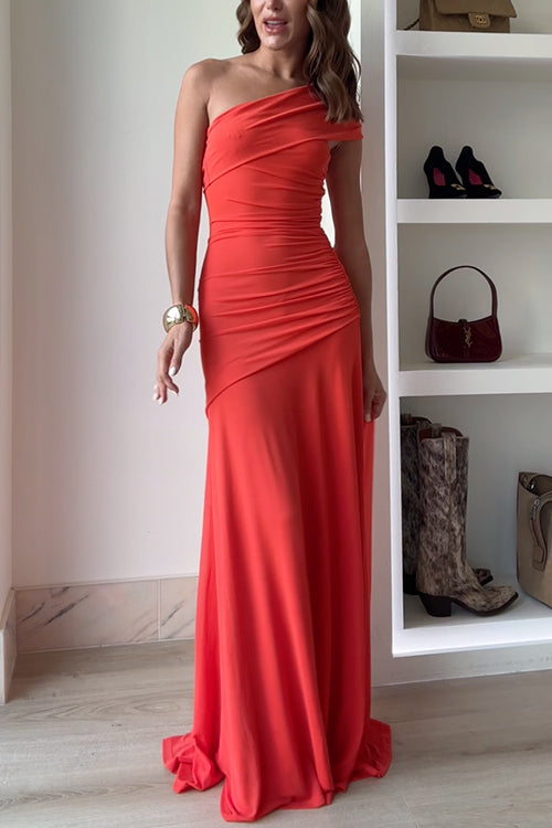 Off Shoulder Ruched Flare Maxi Dress