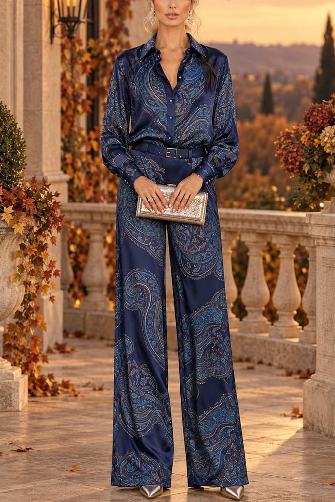 Karleedress Lapel Long Sleeves Shirt High Rise Pocketed Straight Leg Pants Paisley Print Set (B)