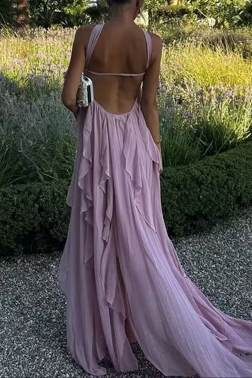 Karleedress Sleeveless Open Back Ruffle Trim Slit Maxi Dress