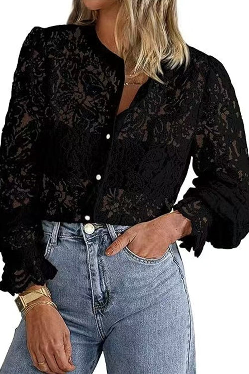 Karleedress Ruffle Long Sleeves Button Up Lace Shirt