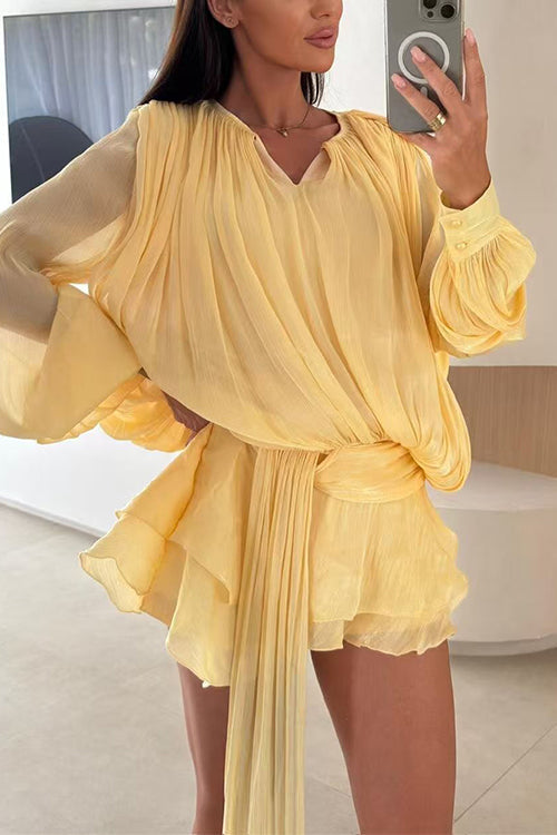 Karleedress Lantern Long Sleeves Draped Ruffle Layered Mini Dress with Shorts