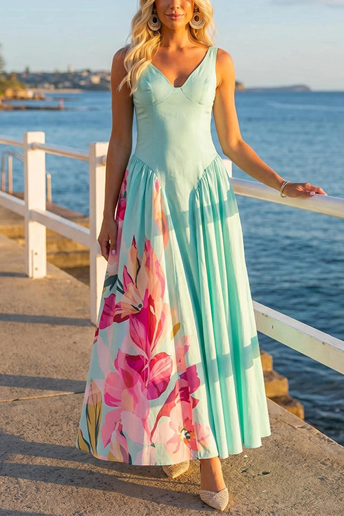 V Neck Sleeveless Basque Waist Floral Print Maxi Dress