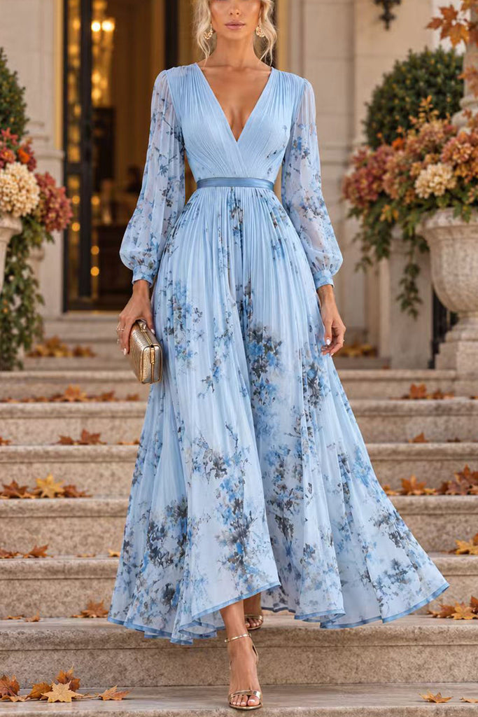 Karleedress V Neck Lantern Long Sleeves Floral Print Pleated Maxi Dress (B)