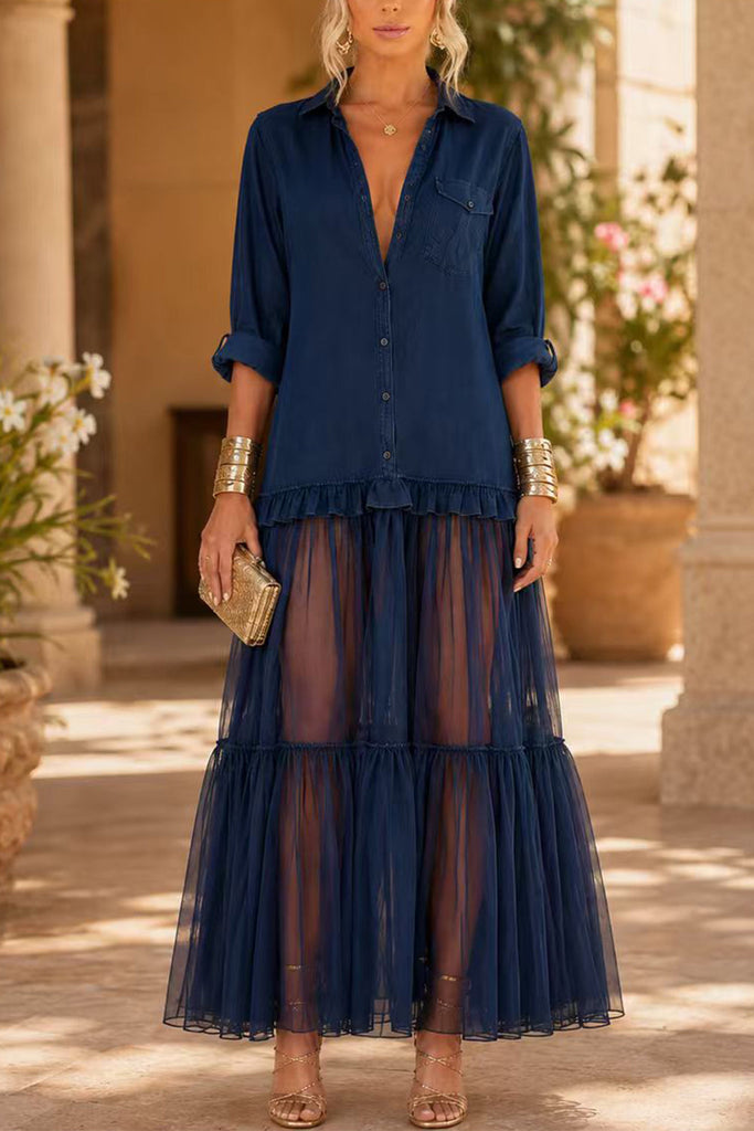 Karleedress Lapel Long Sleeves Organza Splice Ruffle Denim Maxi Dress