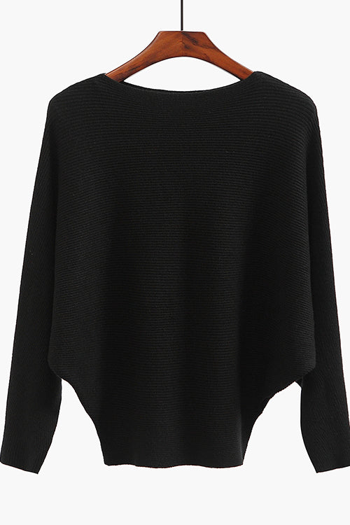 Karleedress Boat Neck Batwing Sleeves Ribbed Knit Sweater
