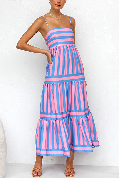 Karleedress Spaghetti Strap Ruffle Tiered Color Block Striped Maxi Dress