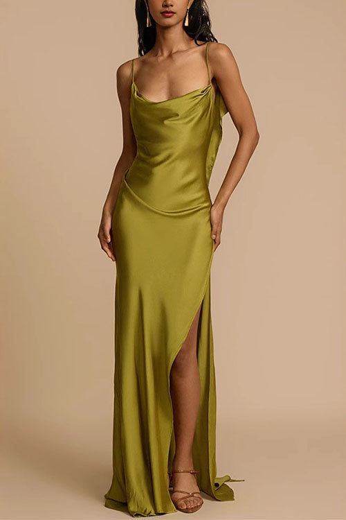 Karleedress High Slit Back Drape Cascading Satin Maxi Cami Dress