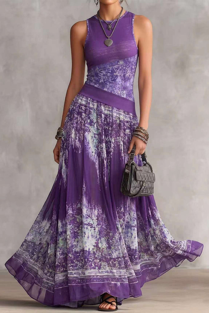 Karleedress Crewneck Sleeveless Printed Flowy Maxi Dress