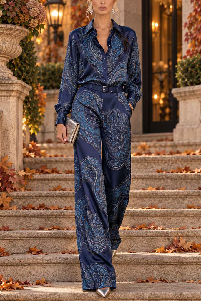 Karleedress Lapel Long Sleeves Shirt High Rise Pocketed Straight Leg Pants Paisley Print Set (A)