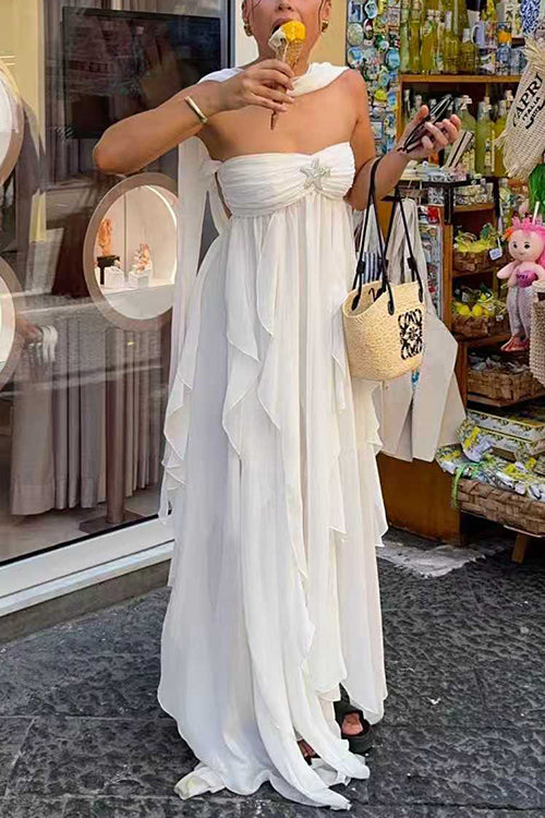 Karleedress Sleeveless Open Back Ruffle Trim Slit Maxi Dress