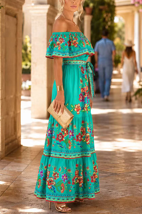 Karleedress Off Shoulder Bow Waist Floral Print Ruffle Tiered Maxi Dress