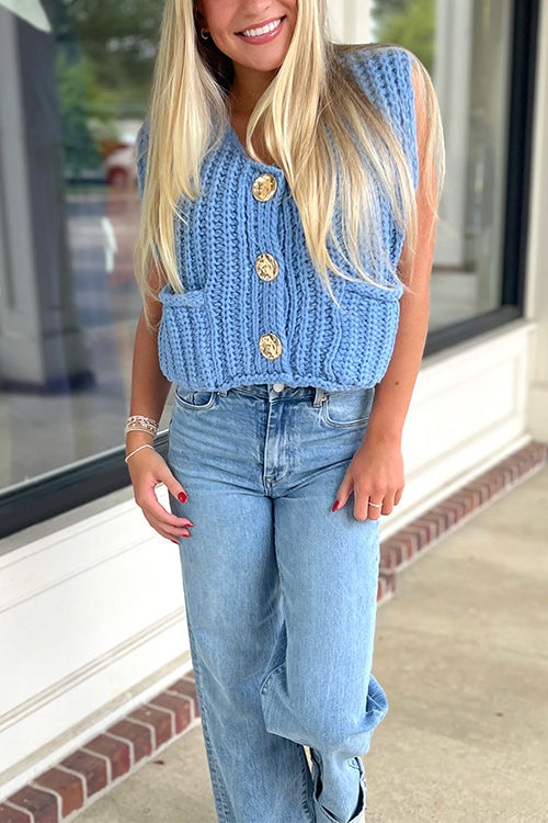 Karleedress Gold Buttons Pocketed Chunky Sweater Vest